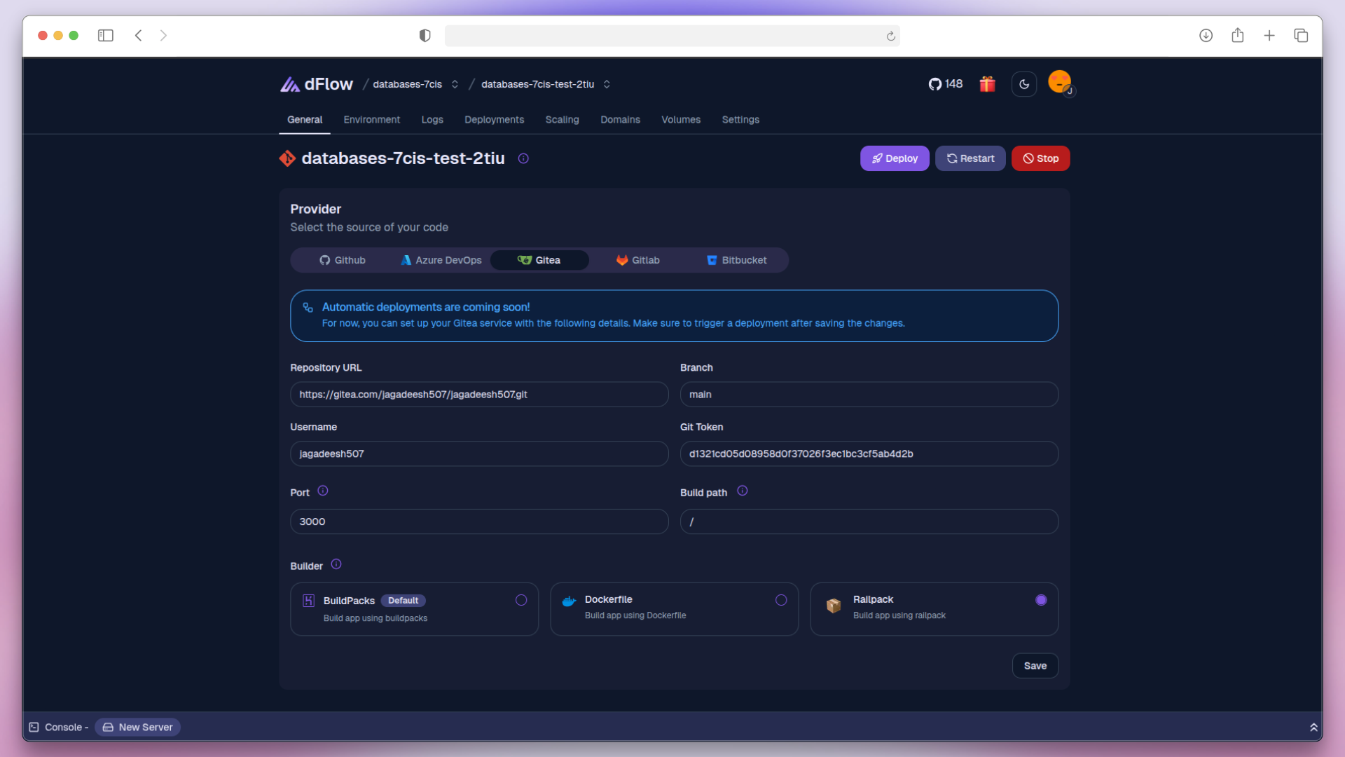 Gitea App setup in dFlow
