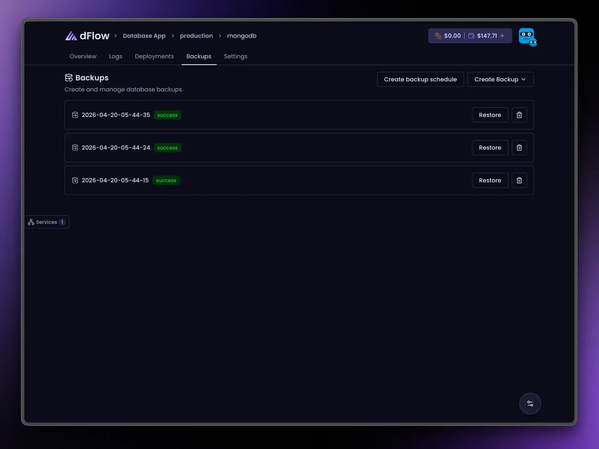 Backups tab on a database service with backup destination, schedule, and backup list.